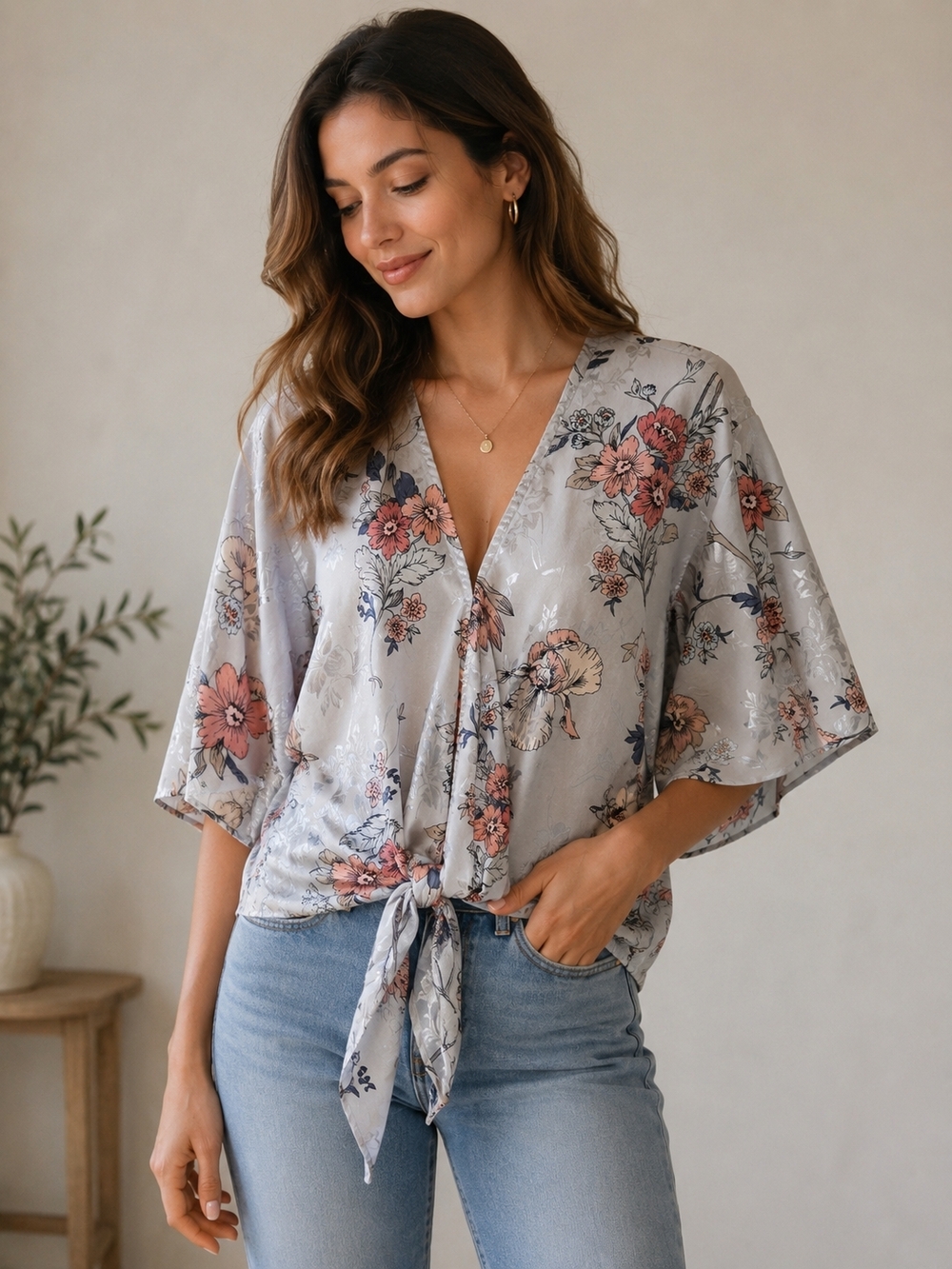 Floral Tie-Front V-Neck Top in Light Gray